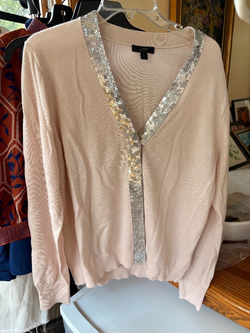 J. Crew Jcrew Harlow 100% Merino Wool Cardigan Sweater Pink Sequin RARE XL size
